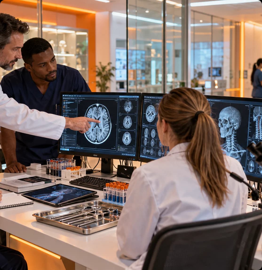 Medical professionals analyzing brain scans